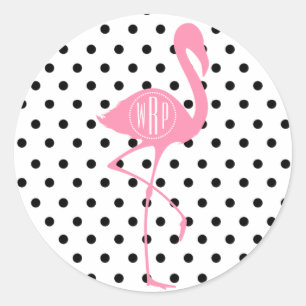 Sticker Rond Flamant rose rose monogramme + point noir Polka