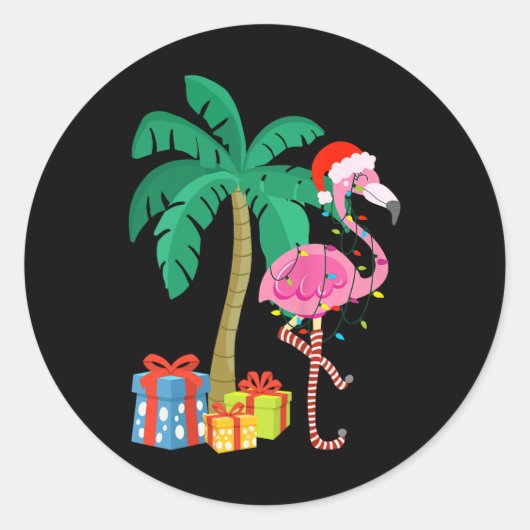 Sticker Rond Flamant rose rose Noël Palmier Tropical Xmas Fu (Devant)
