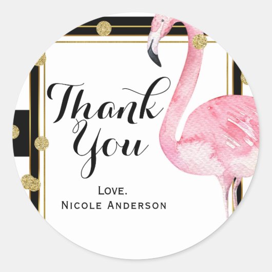 Sticker Rond Flamant rose rose Noir Blancs & Gold Confetti (Devant)