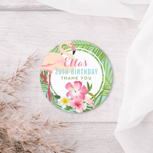 Sticker Rond Flamant rose rose tropical Fête d'anniversaire