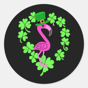 Sticker Rond Flamant rose Shamrock Jour de la Saint Patrick ani