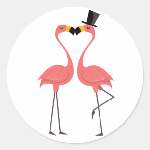 Sticker Rond Flamant Rose Tropical Mariage Luau Hawaïen