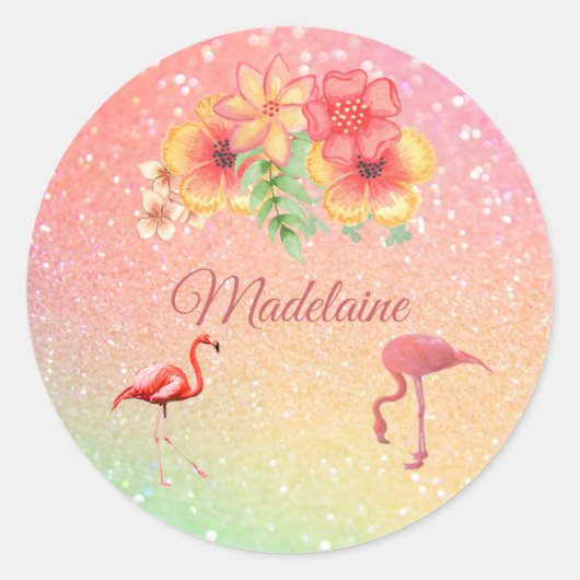 Sticker Rond Flamant rose tropical Parties scintillant Floral P (Devant)