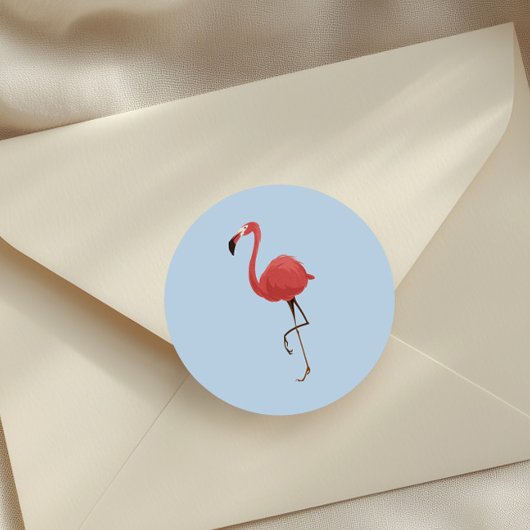 Sticker Rond Flamant Rose Tropiques Fond Bleu