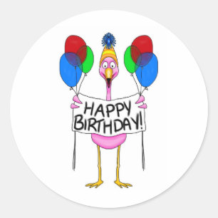Sticker Rond Flamant rose Whimsical Joyeux Ballons d'Anniversai