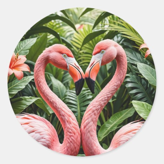 Sticker Rond Flamants en forme de cœur – Amour rose tropical (Devant)
