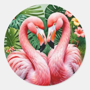 Sticker Rond flamants roses cou coeur rose tropique amour flama