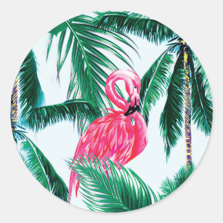 Sticker Rond Flamants roses Sous Les Palmiers Dans La Jungle D'