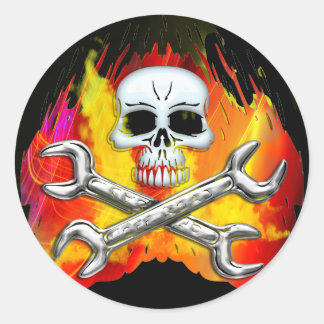 Sticker Rond Flames crâniennes et clés Chrome traversées