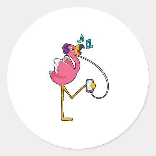 Sticker Rond Flamingo at Music with Headphone (Devant)