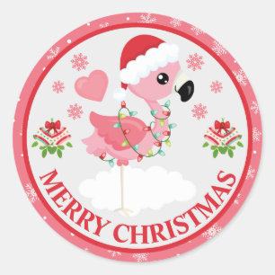 Sticker Rond Flamingo de Noël rose et rouge mignon Hiver