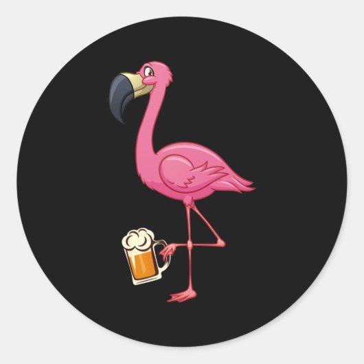 Sticker Rond Flamingo Drinking Beer - Funny Pink Flamingo (Devant)