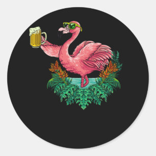 Sticker Rond Flamingo Drinking Beer Party