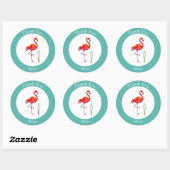 Sticker Rond Flamingo Merci sur fond bleu clair et blanc (Feuille)