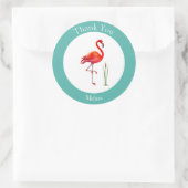 Sticker Rond Flamingo Merci sur fond bleu clair et blanc (Sac)