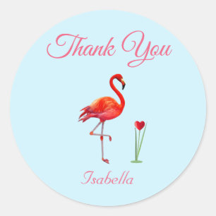 Sticker Rond Flamingo Mignon & Cœur Merci sur Fond Bleu Clair