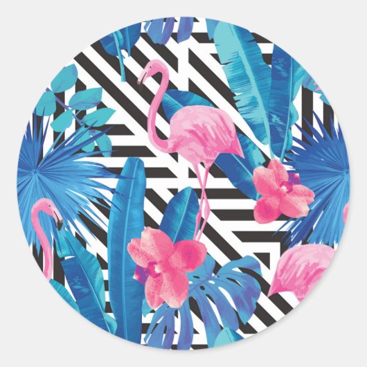 Sticker Rond Flamingo & Palms on Geometric Pattern (Devant)