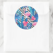 Sticker Rond Flamingo & Palms on Geometric Pattern (Sac)