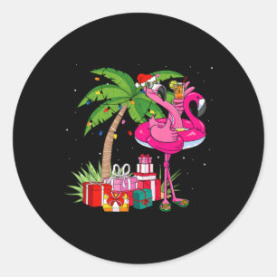 Sticker Rond Flamingo Rose Tropical Noël en Juillet Été Pa
