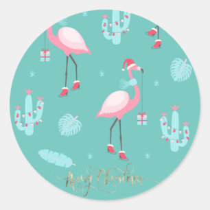 Sticker Rond Flamingos Chapeau de Père Noël Présente Flocons de