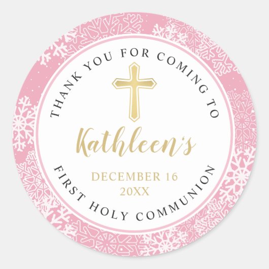 Sticker Rond Flammes de neige d'hiver Pink Gold First Holy Comm (Devant)