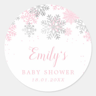 Sticker Rond Flammes De Neige Hiver Baby shower Rose Et Argent 
