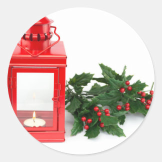 Sticker Rond Flanterne rouge avec brindilles et baies de la mer
