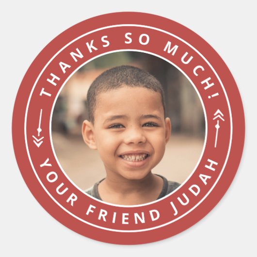 Sticker Rond Flèches simples Cercle Merci photo Nom rouge (Devant)