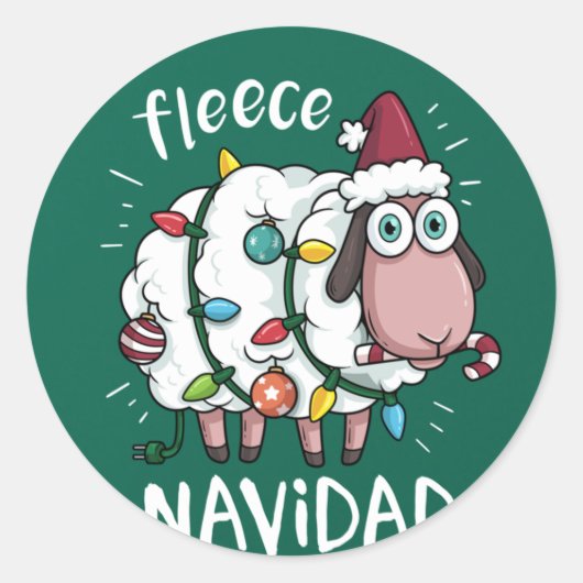 Sticker Rond Fleece Feliz Navidad Funny Cute Sheep Christmas (Devant)