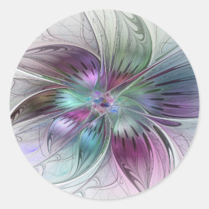 Sticker Rond Fleur Abstraite Colorée Art Fractal Floral Moderne