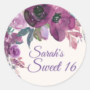 Sticker Rond Fleur aquarelle violette Sweet 16 Anniversaire