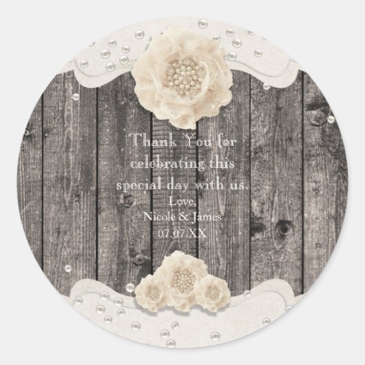 Sticker Rond Fleur Blanche Romantique & Perles Bois Rustique (Devant)