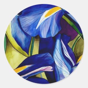 Sticker Rond Fleur bleue Iris peinture originale aquarelle