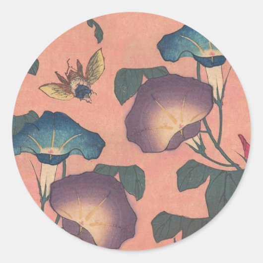 Sticker Rond Fleur d'abeille rose classique Hokusai Art (Devant)