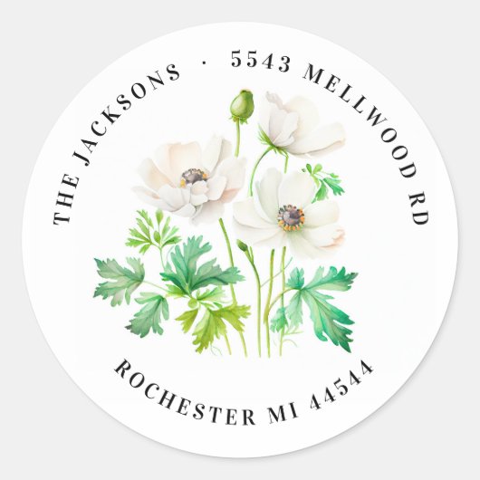 Sticker Rond Fleur d'anémone blanche Retour Adresse Classic Rou (Devant)