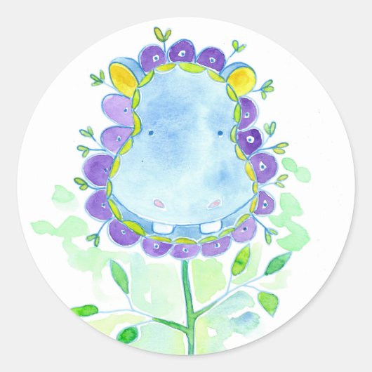 Sticker Rond Fleur d'aquarelle Hippo bleu (Devant)