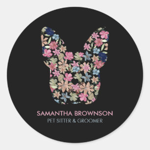 Sticker Rond Fleur d'aquarelle rose Bulldog français noir