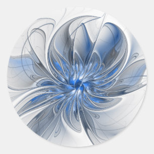 Sticker Rond Fleur d'art fractal à l'aquarelle grise et bleue a