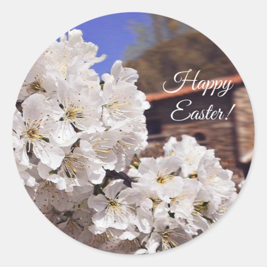 Sticker Rond Fleur de cerisier. Joyeux Pâques. (Devant)