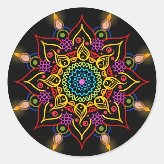 Sticker Rond Fleur de Diwali Rangoli avec lampes à huile (Devant)