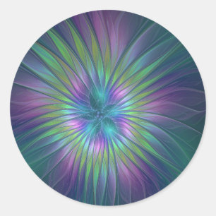 Sticker Rond Fleur de fantaisie abstraite fractale colorée et b