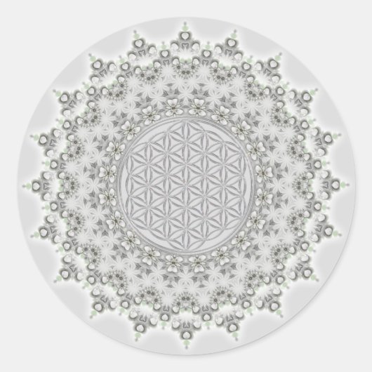 Sticker Rond Fleur de la vie - Fractal Mandala gris vert (Devant)