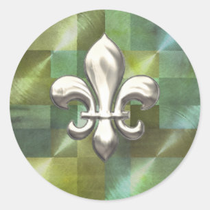 Sticker Rond Fleur de Lis en argent sur Abstrait Greens