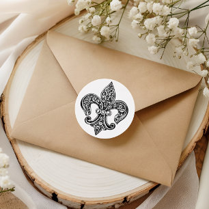 Sticker Rond Fleur de lis en dentelle noir et blanc vintage