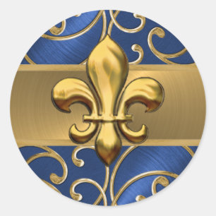 Sticker Rond Fleur de Lis en Filigree Bleu et Or