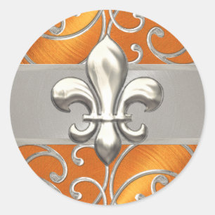 Sticker Rond Fleur de Lis en Filigree orange et argent
