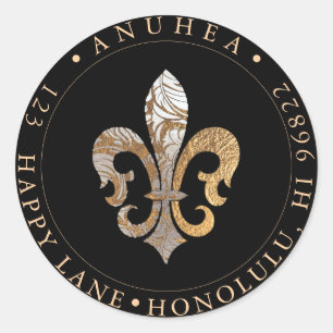 STICKER ROND FLEUR DE LIS   FAUX OR DAMASK