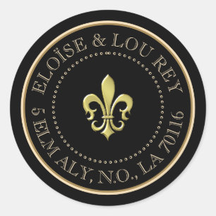 Sticker Rond Fleur de Lis Metallic Gold Black Adresse de retour
