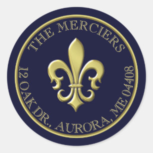 Sticker Rond Fleur de Lis Metallic Gold Blue Adresse de retour