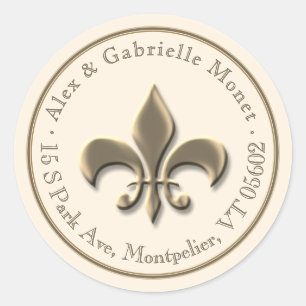Sticker Rond Fleur de Lis Métallic Gold Ivory Adresse de retour